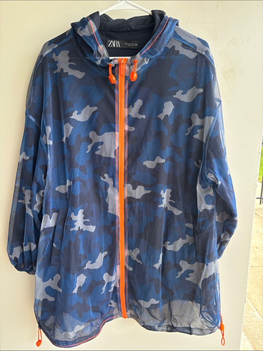 Zara Tulle Long Blue Camouflage Hooded Mesh Jacket with Orange Trim Size S